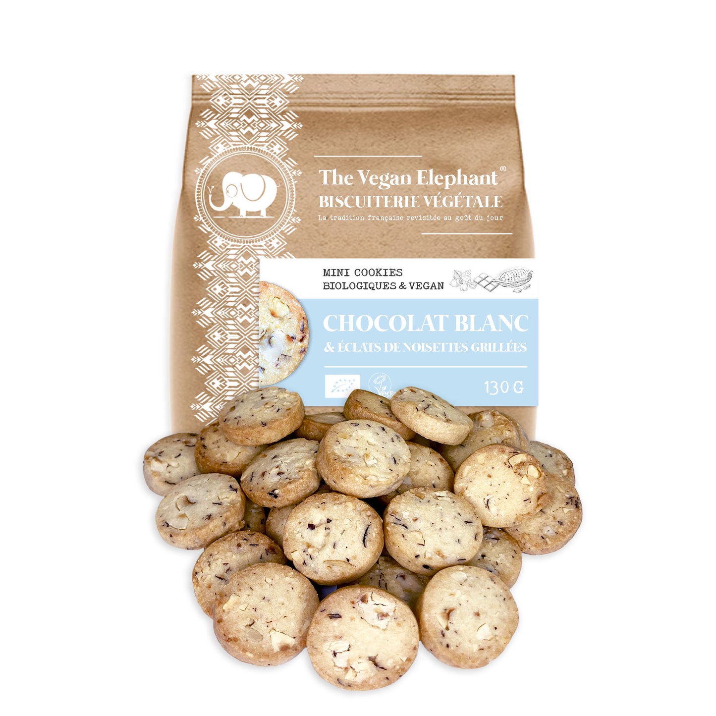 MINI COOKIES & VEGAN - Chocolat blanc & Éclats de noisettes grillées - Sachet compostable de 130G