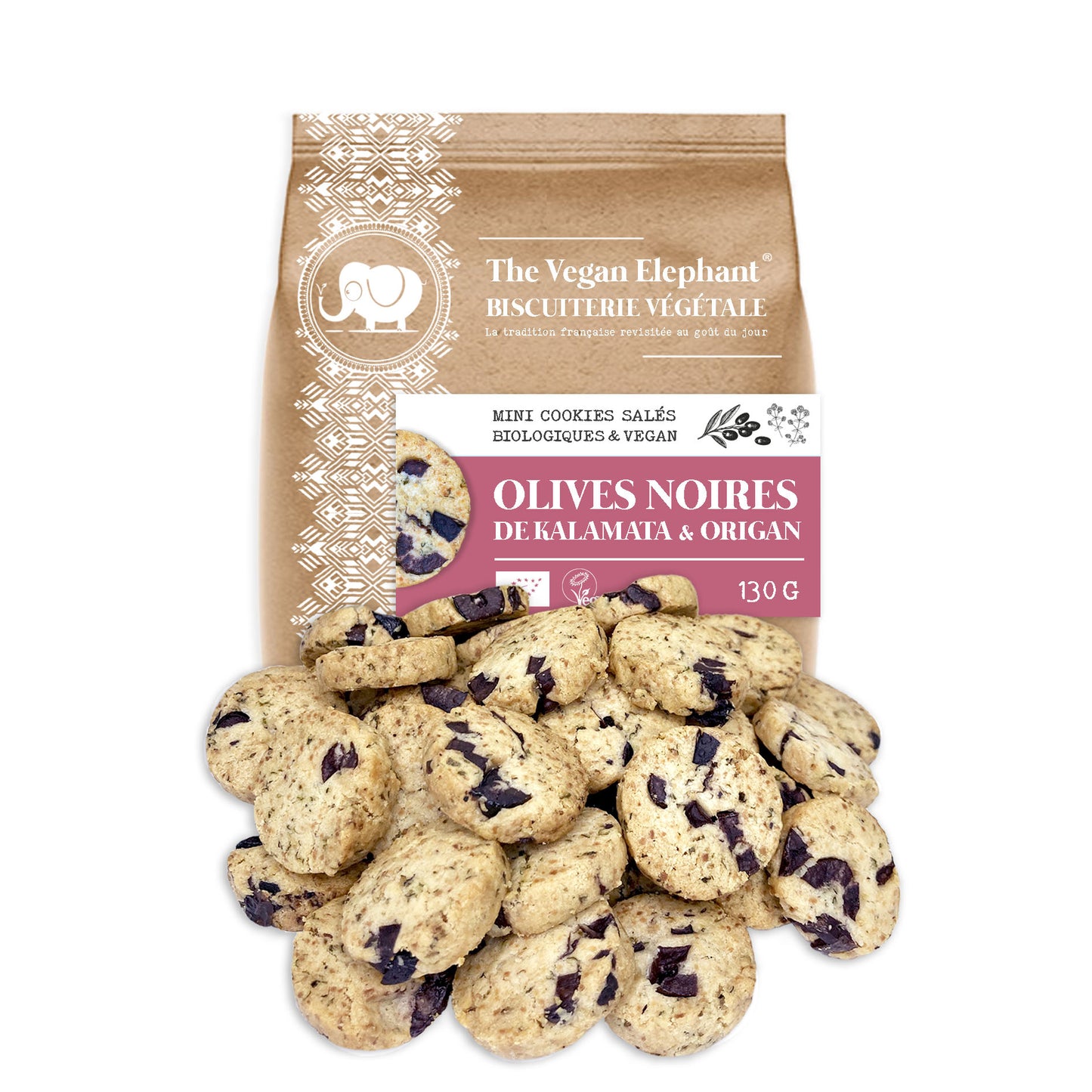 MINI ORGANIC &amp; VEGAN APERITIF COOKIES - Kalamata Olives and Oregano - 130G compostable bag