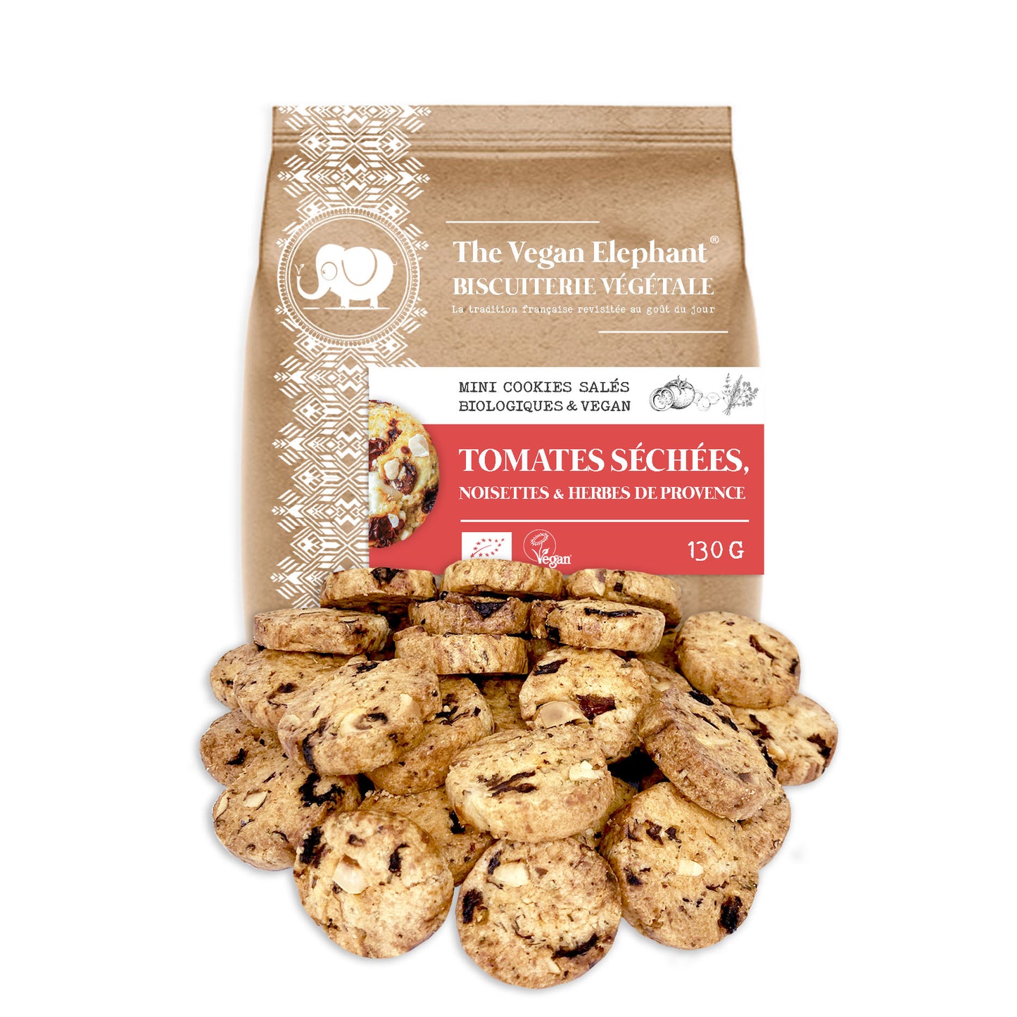 MINI ORGANIC &amp; VEGAN APERITIF COOKIES - Dried tomatoes, Hazelnuts &amp; Herbs of Provence - 130G compostable bag