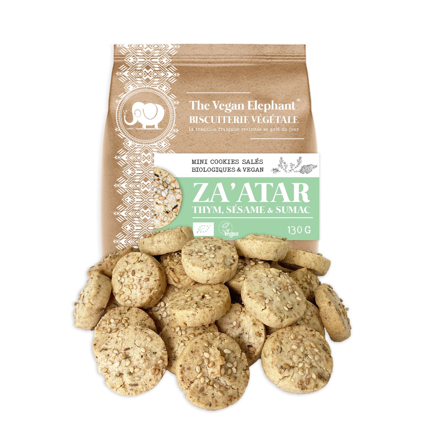 MINI ORGANIC &amp; VEGAN APERITIF COOKIES - Za'atar: Thyme, sesame and sumac - 130G compostable bag