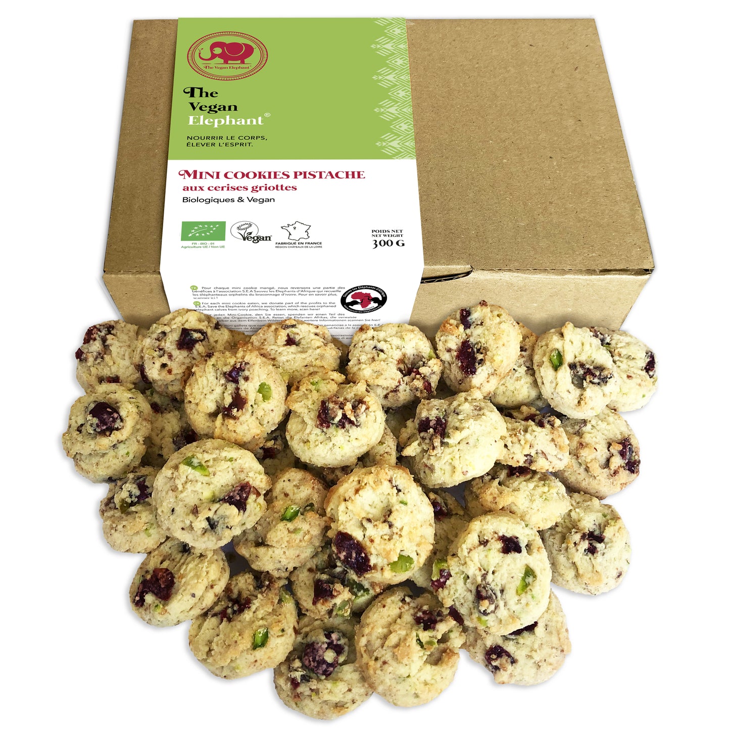 MINI ORGANIC &amp; VEGAN COOKIES Pistachio with Morello Cherries - Box of 300G