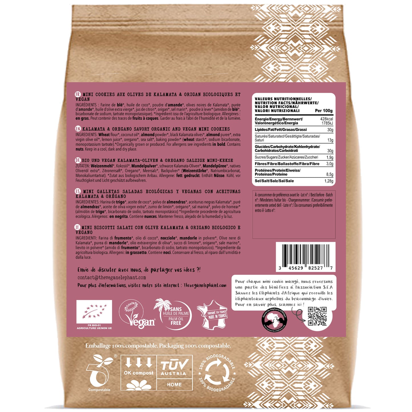 MINI ORGANIC &amp; VEGAN APERITIF COOKIES - Kalamata Olives and Oregano - 130G compostable bag