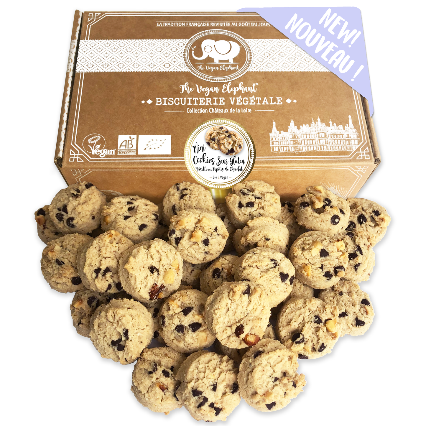 MINI ORGANIC &amp; VEGAN COOKIES Naturally Gluten Free with Hazelnuts and Chocolate Chips - Box of 300G